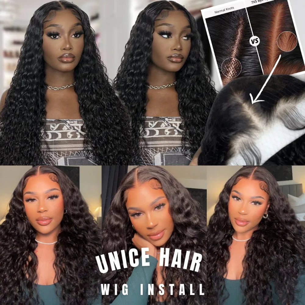 UNICE Upgrade Drawstring Water Wave 7x5 Glueless Wig Pre Cut Pre Bleached Lace Front Human Hair Wig Ready To Wear 180% Density