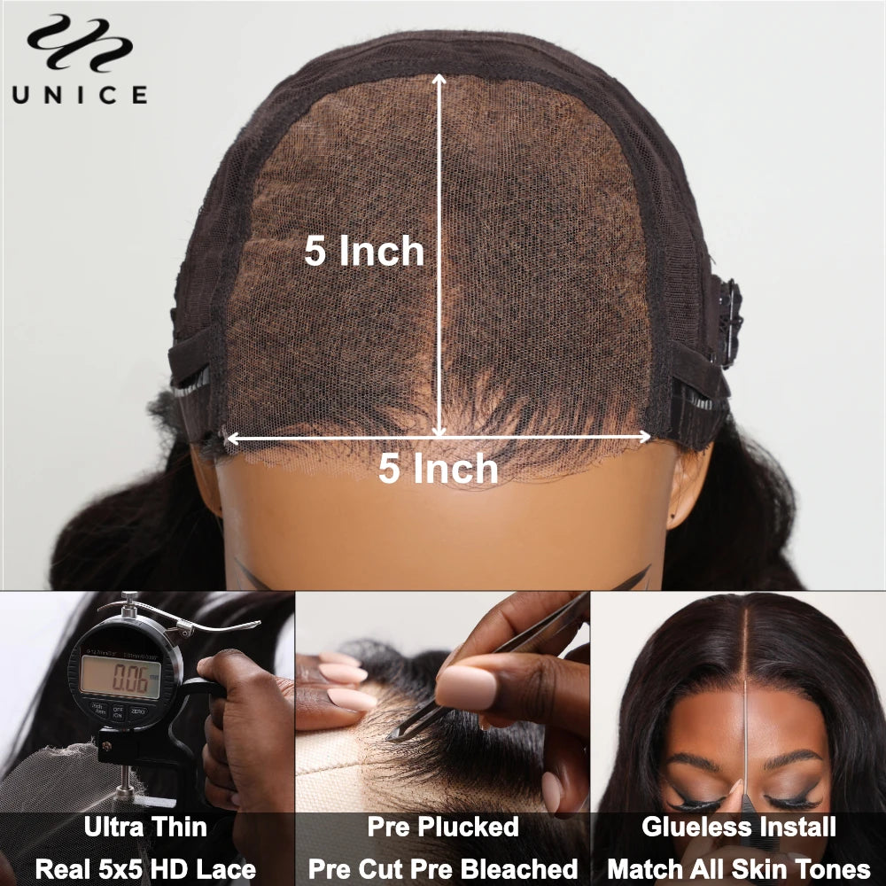 UNICE Hair 5X5 HD Lace Closure Wig Silk Press Yaki Straight Lace Wig Pre Cut Pre Bleached Glueless Wig Human Hair Ready To Wear