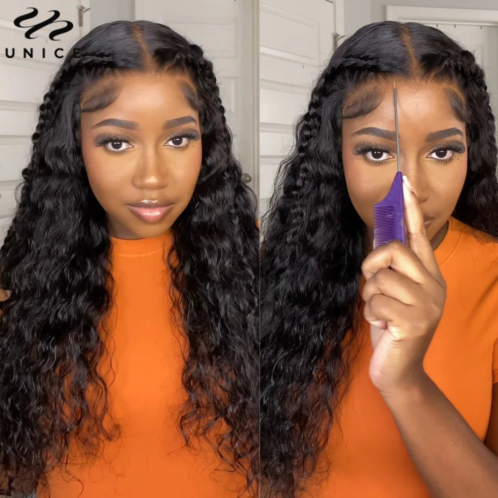UNICE Upgrade Drawstring Water Wave 7x5 Glueless Wig Pre Cut Pre Bleached Lace Front Human Hair Wig Ready To Wear 180% Density