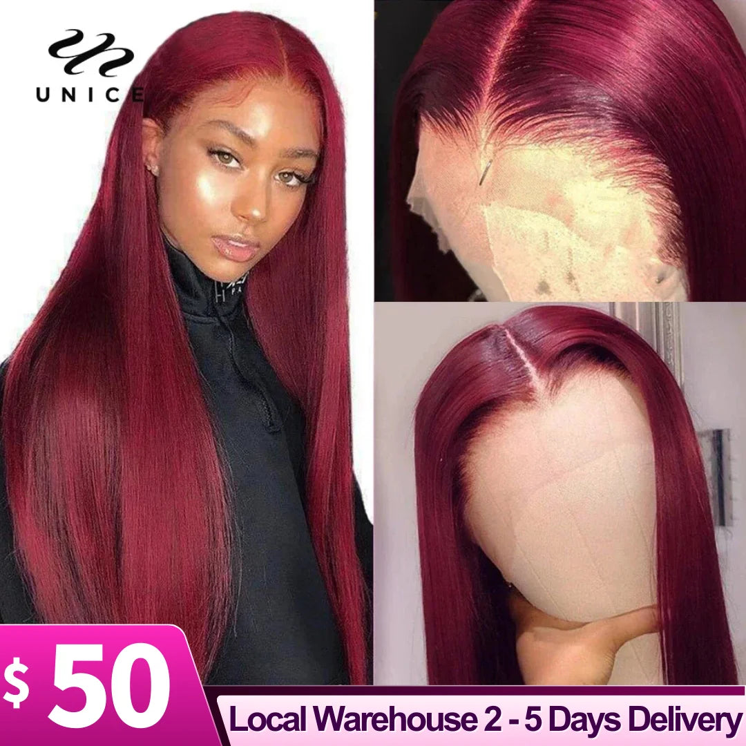 UNice Hair 99J Straight Human Hair Wig Pre Plucked 13x4 Lace Frontal Wig Burgundy Lace Front Wig US Free Shipping