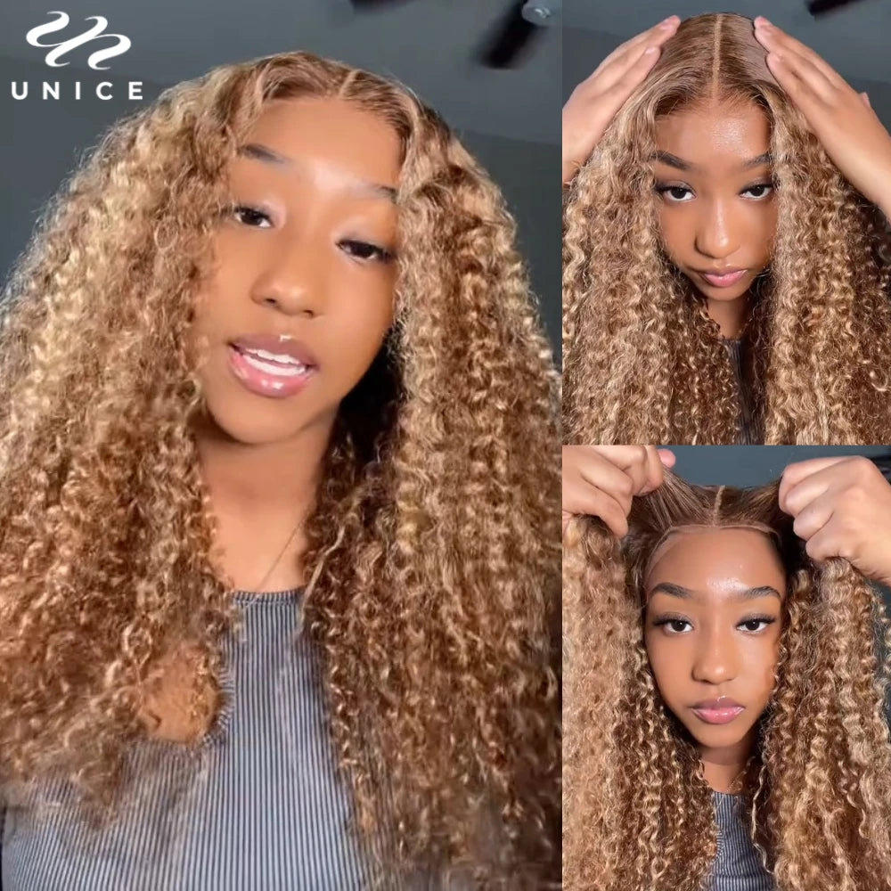 UNice Hair Blonde Highlight Curly 6X4.75 Lace Closure Glueless Wig Human Hair Ready To Wear Pre Cut Pre Bleached Lace Wigs
