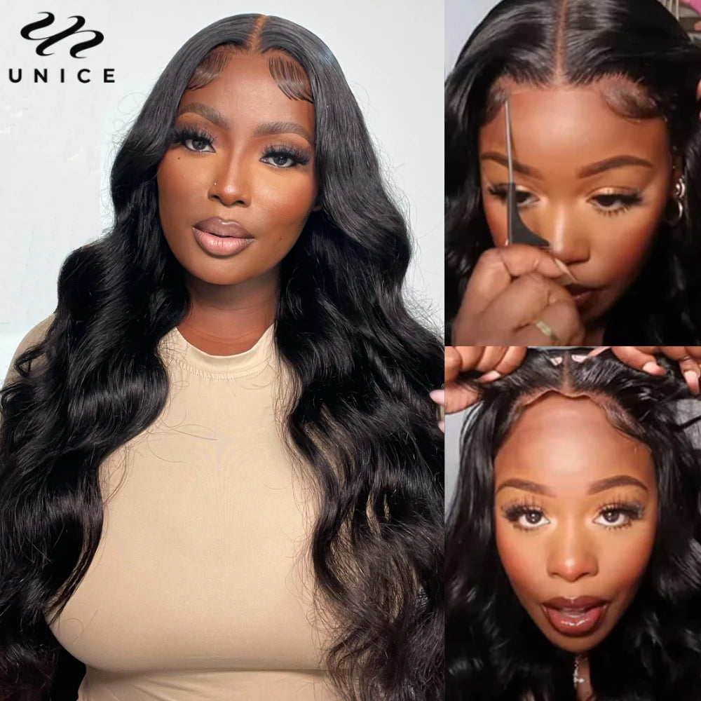UNice Hair Bye Bye Knots Body Wave 7X5 Glueless Wigs Pre Cut Pre Bleached Lace Front Human Hair Wig 150% Density