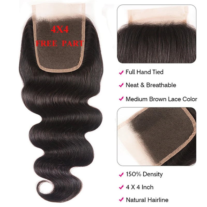 Unice Hair 100% Brazilian Human Hair Body Wave 8-18 Inch 4*4 Lace Closure Natural Color Remy Hair Weaving 1PC Free Shipping