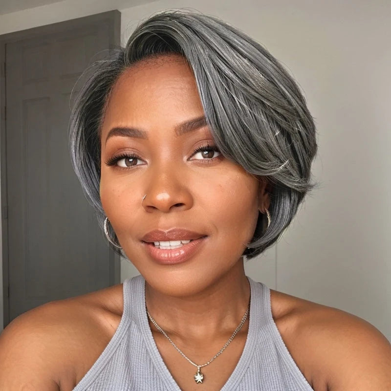 Tewjig Salt And Pepper Boss Look | Short Pixie Cut 5x5 Frontal Lace C Part Wig 100% Human Hair