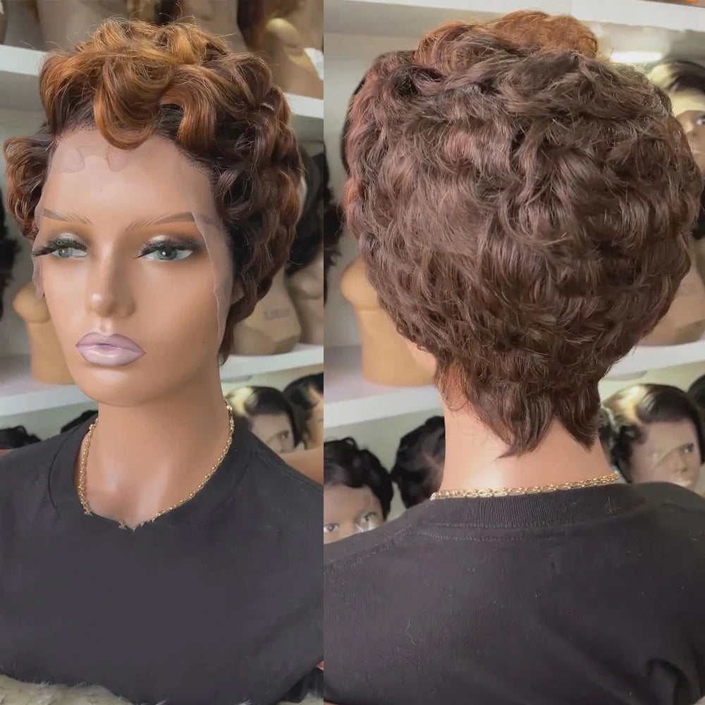 Pixie Curly 100% Human Hair Wig 13x4 Short Bob Wig Pixie Cut #350 Colored 99J Lace Frontal Human Hair Wigs for Black Women