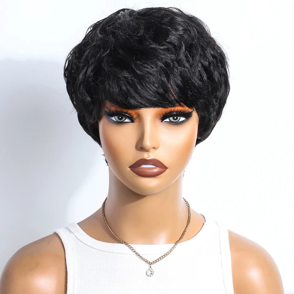 Lekker Short Pixie Cut 100% Human Hair Wigs For Women Brazilian Remy Hair Full Machine Made Wavy Bob Daily Colored Glueless Wigs