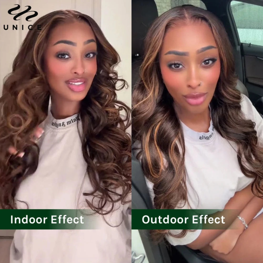 UNICE Hair Espresso Brown Highlights Loose Wave Wig Pre Cut Pre Bleached 7x5 Glueless Wig Human Hair Ready To Wear 180% Density
