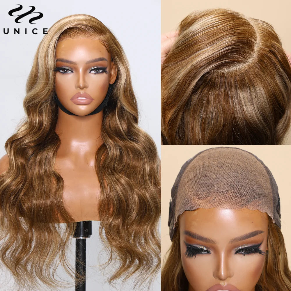 UNice Bye-Bye Knots Wig Pre Cut Pre Bleached Pre Plucked 7x5 Lace Closure Wig Human Hair Honey Blonde Body Wave Glueless Wig