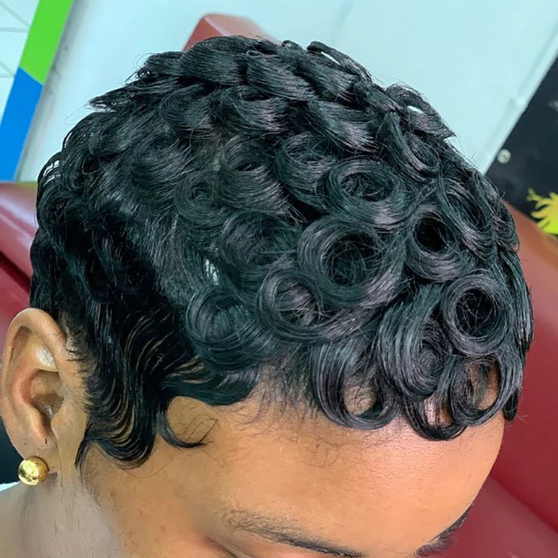 Short Curly Pixie Cut Wigs For Black Women Natural Black Human Hair Wig Brazilian Remy Human Hair Bob Full Machine Made Wig 150%