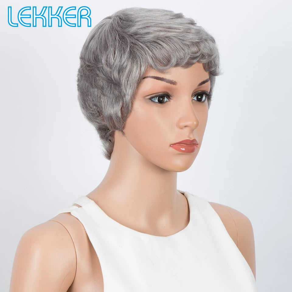 Lekker Silver Grey Short Pixie Cut 100% Human Hair Wigs For Women Brazilian Remy Hair Full Machine Made Straight Colored Wigs