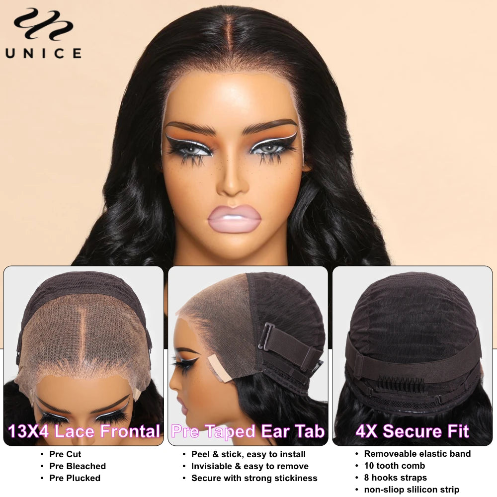 UNice Hair 13x4 Lace Frontal Wig Pre Cut Pre Bleached Pre Plucked Body Wave Human Hair Lace Wig Ready To Wear 250% Density