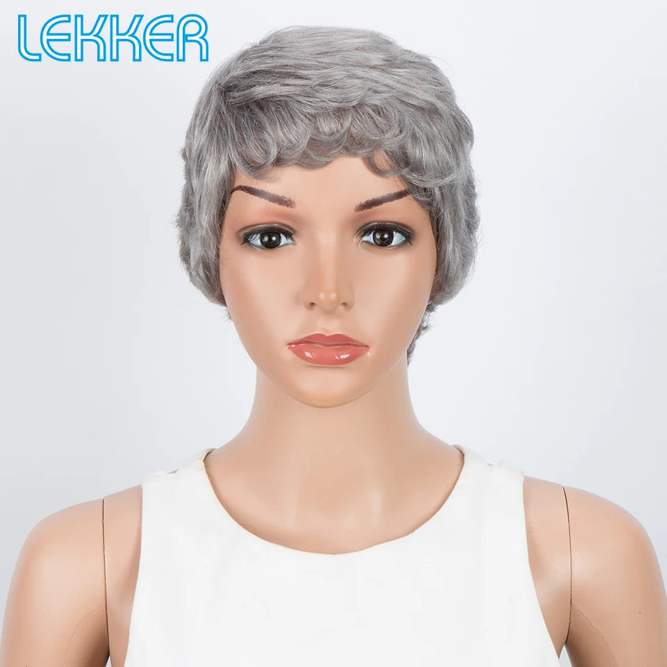 Lekker Silver Grey Short Pixie Cut 100% Human Hair Wigs For Women Brazilian Remy Hair Full Machine Made Straight Colored Wigs