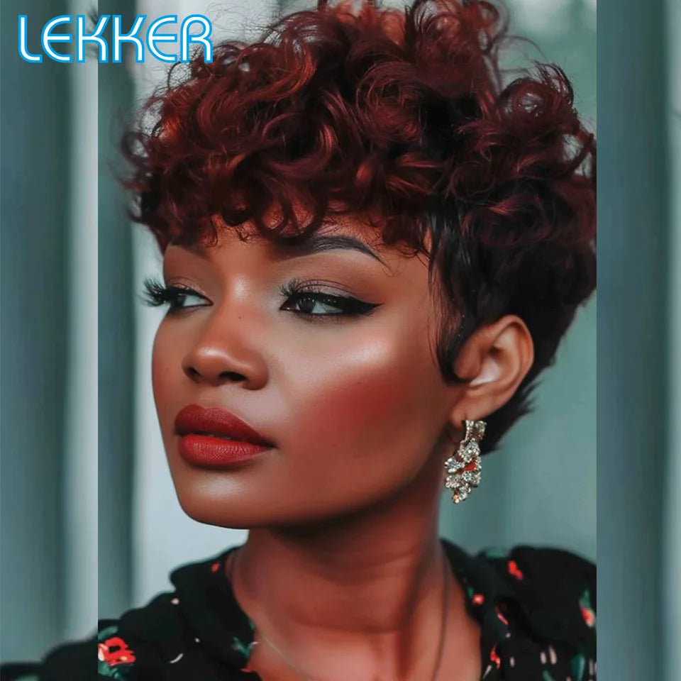 Lekker Highlight Red 99J Short Pixie Cut Bob 100% Human Hair Wigs For Women Brazilian Remy Hair Colored Full Machine Made Wigs