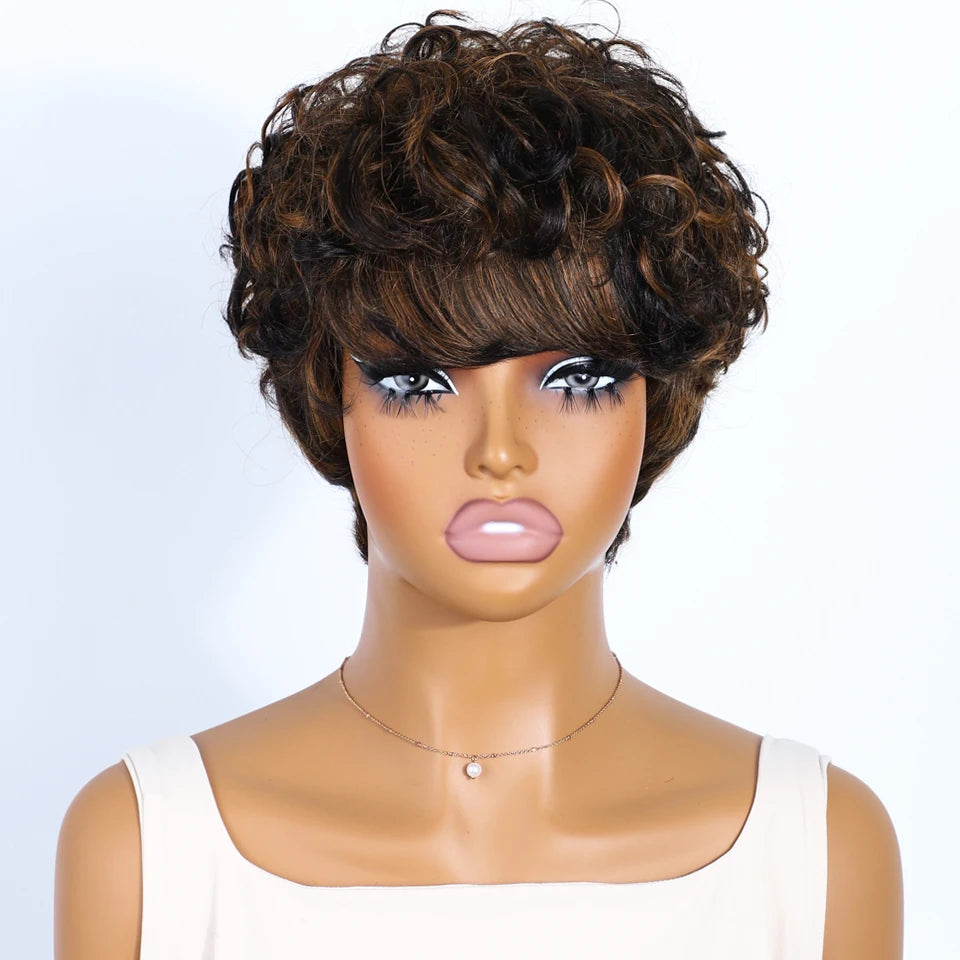 Lekker Short Pixie Cut 100% Human Hair Wigs For Women Brazilian Remy Hair Full Machine Made Wavy Bob Daily Colored Glueless Wigs