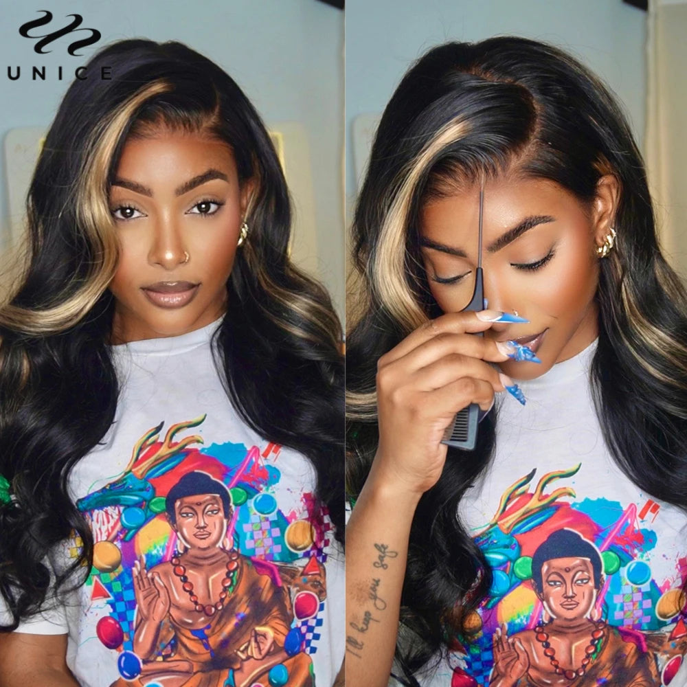 UNice Blonde Highlight Body Wave Wig 7x5 Pre Cut Pre Bleached Human Hair Lace Wig Ready To Wear Go Glueless Wig 150% Density