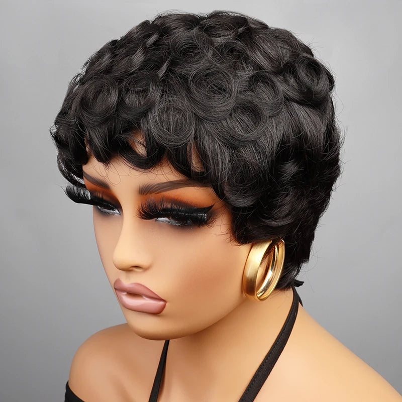 Short Curly Pixie Cut Wigs For Black Women Natural Black Human Hair Wig Brazilian Remy Human Hair Bob Full Machine Made Wig 150%