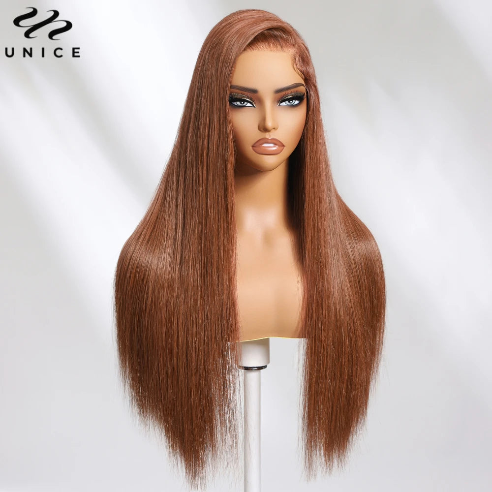 Unice Hair Chocolate Brown Straight Human Hair 13x4 Lace Frontal Wig Pre Cut Pre Bleached Pre Plucked Pre Taped Lace Front Wigs