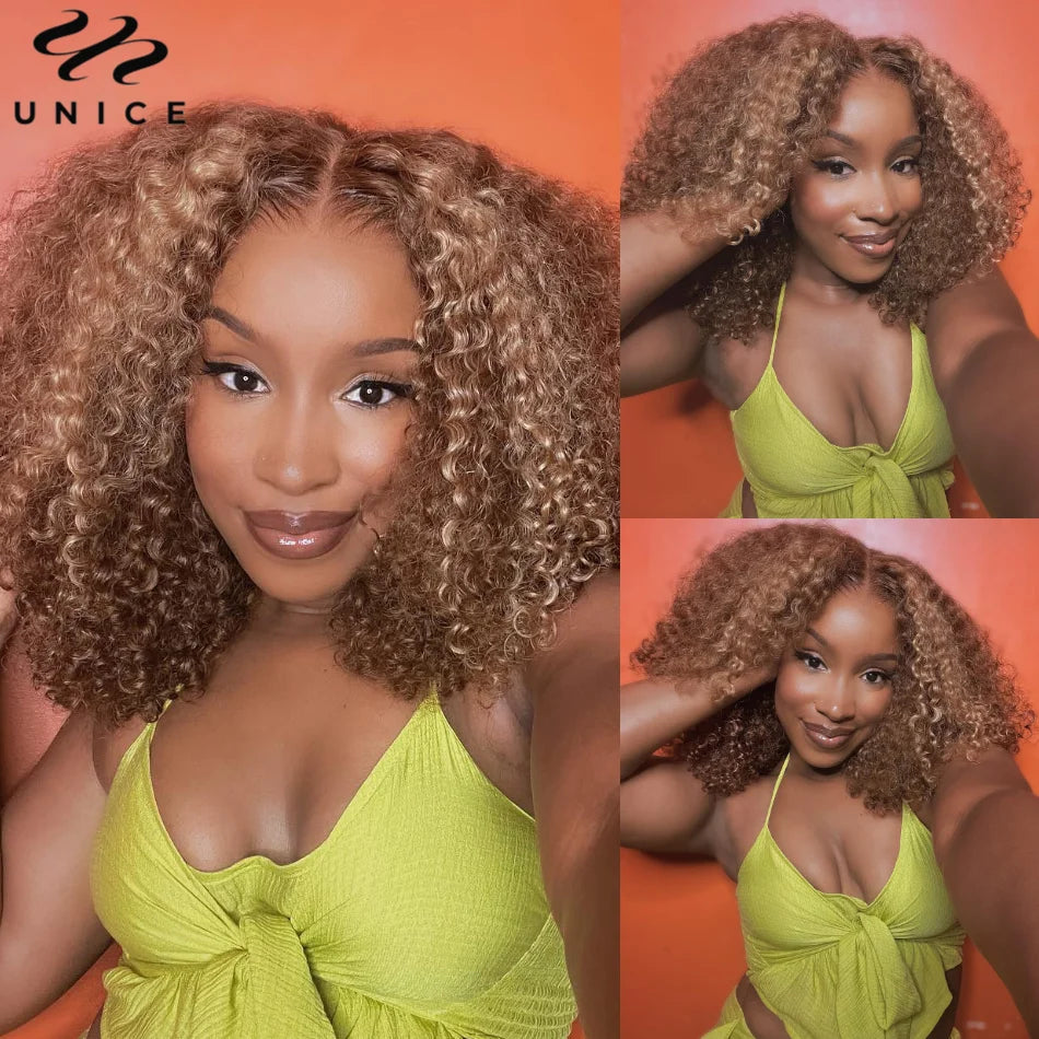 UNice Hair Blonde Highlight Curly 6X4.75 Lace Closure Glueless Wig Human Hair Ready To Wear Pre Cut Pre Bleached Lace Wigs