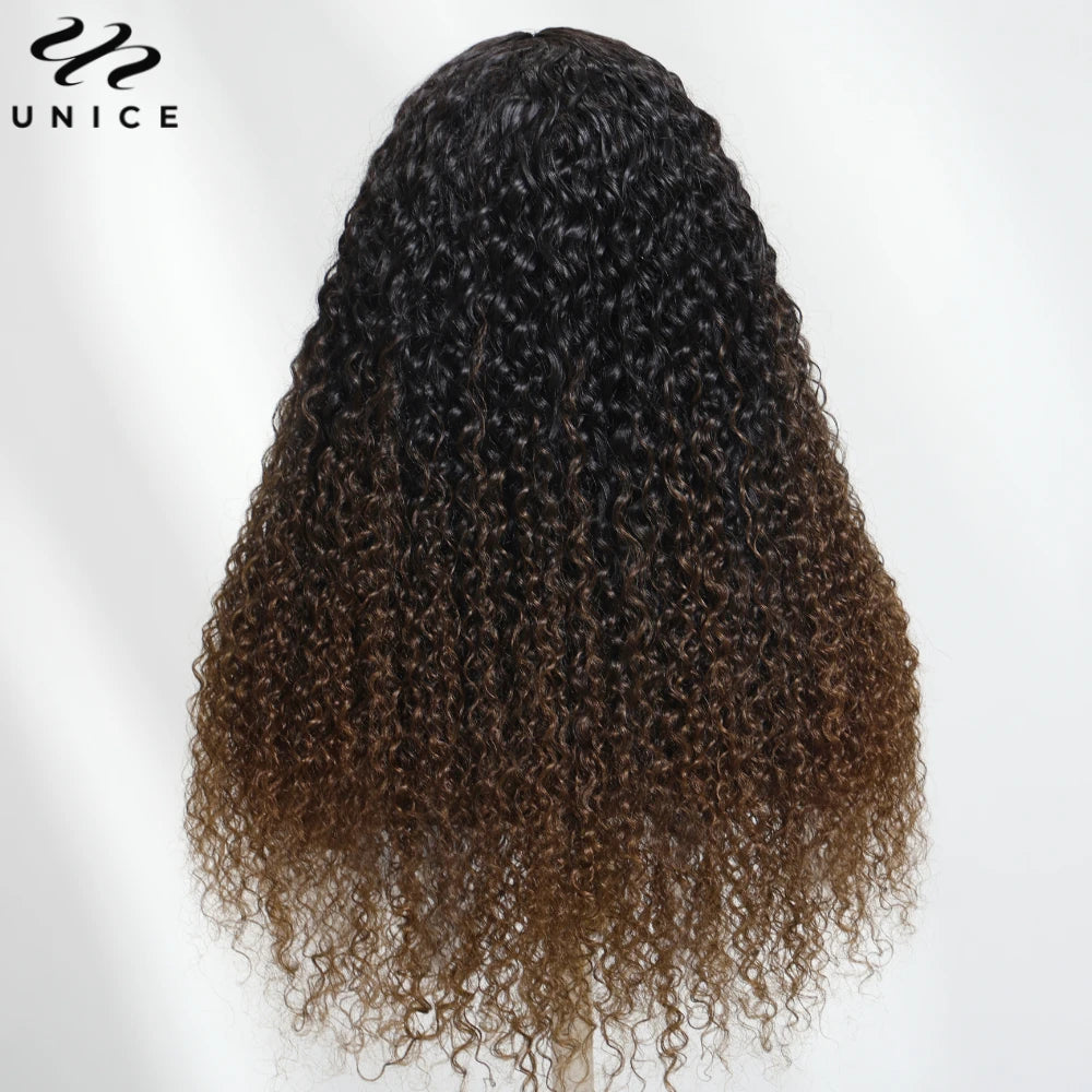 UNICE Hair Drawstring Curly V Part Wig Ombre Chestnut Brown Human Hair Clip in Vpart Wig Minimal Leave Out Upgrade U Part Wig