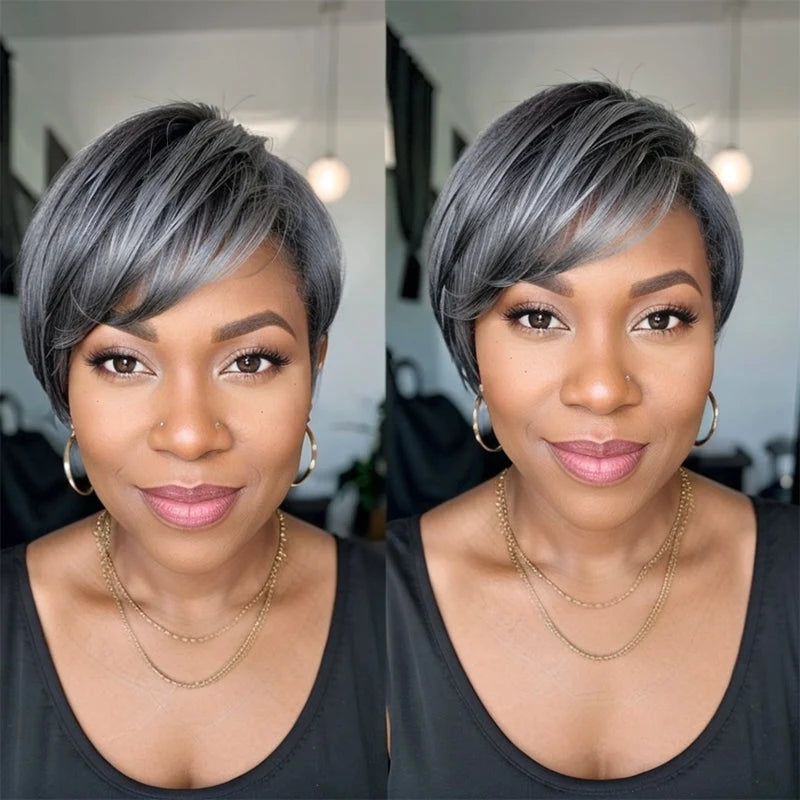 Tewjig Salt And Pepper Boss Look | Short Pixie Cut 5x5 Frontal Lace C Part Wig 100% Human Hair