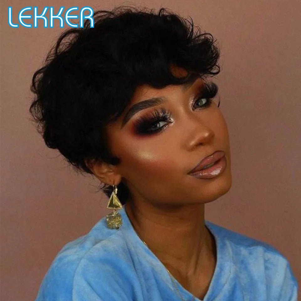 Lekker Short Pixie Cut 100% Human Hair Wigs For Women Brazilian Remy Hair Full Machine Made Wavy Bob Daily Colored Glueless Wigs