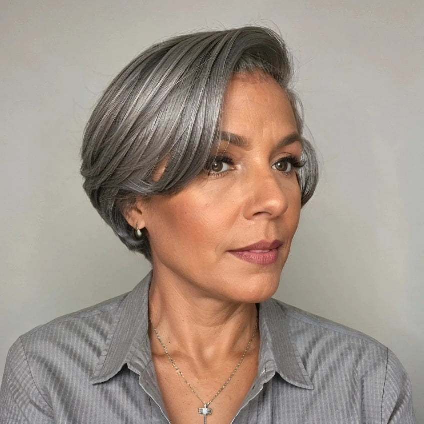 Tewjig Salt And Pepper Boss Look | Short Pixie Cut 5x5 Frontal Lace C Part Wig 100% Human Hair