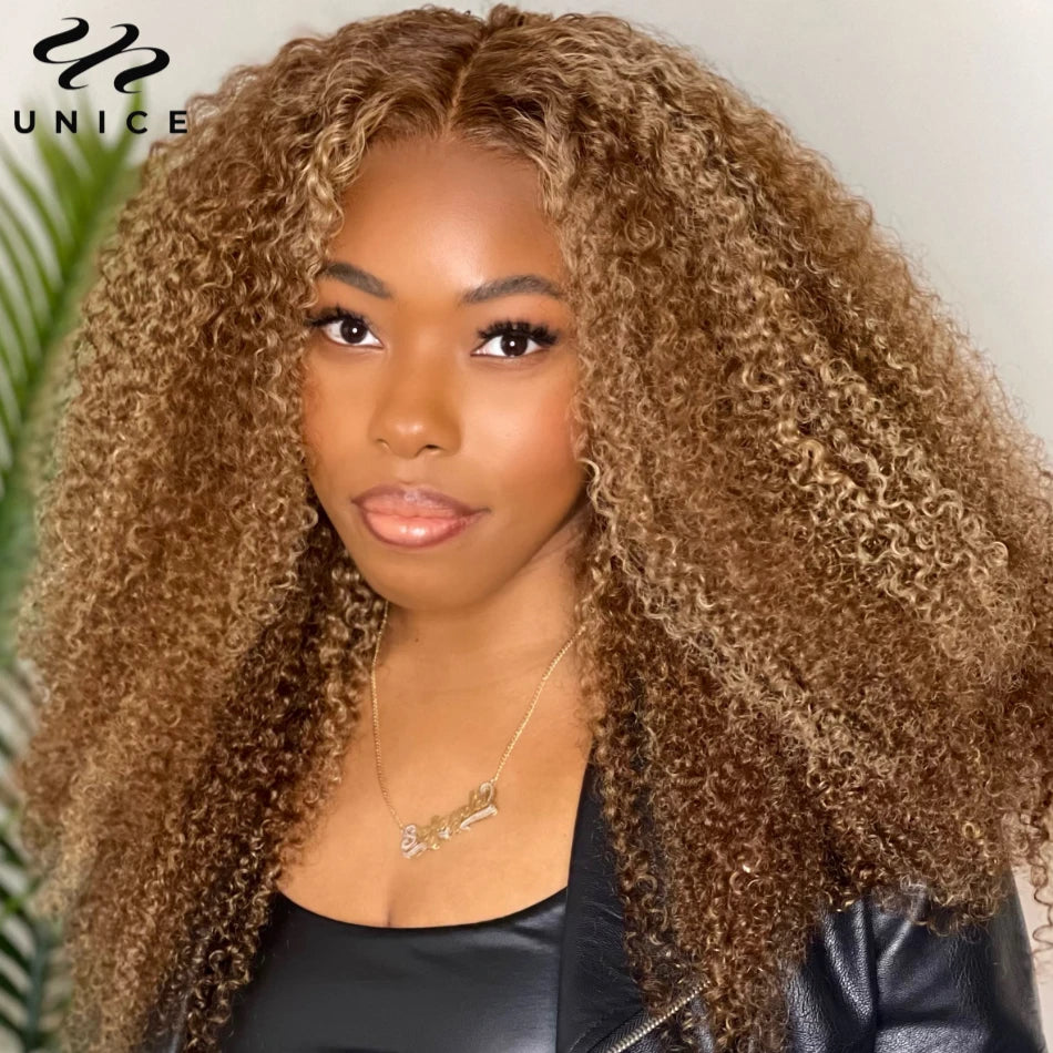 UNice Hair Pre Cut 6x4.75 Wear Go Glueless Wig Human Hair Brown Blonde Highlight Kinky Curly Lace Closure Wig 200% Density