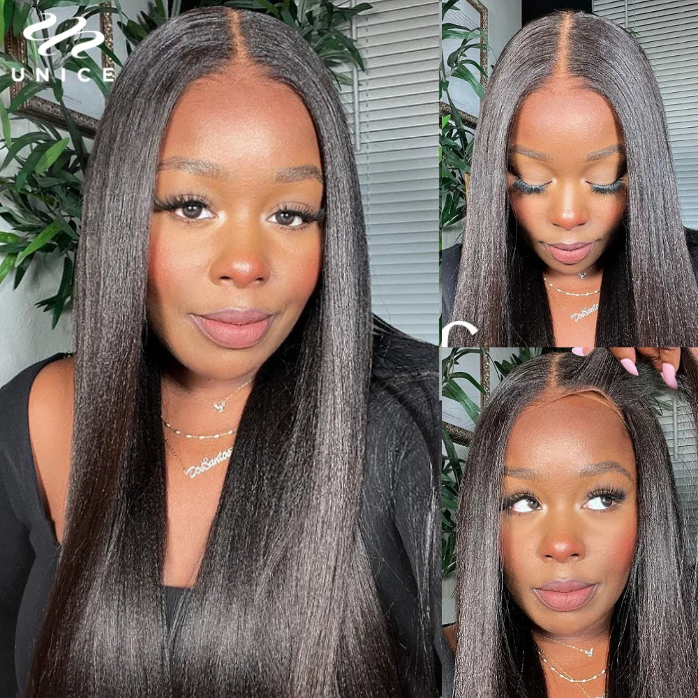 UNice Bye Bye Knots Wig Yaki Straight 7x5 Lace Wig With Elastic Drawstring Glueless Wig Human Hair Ready To Wear Go 150% Density