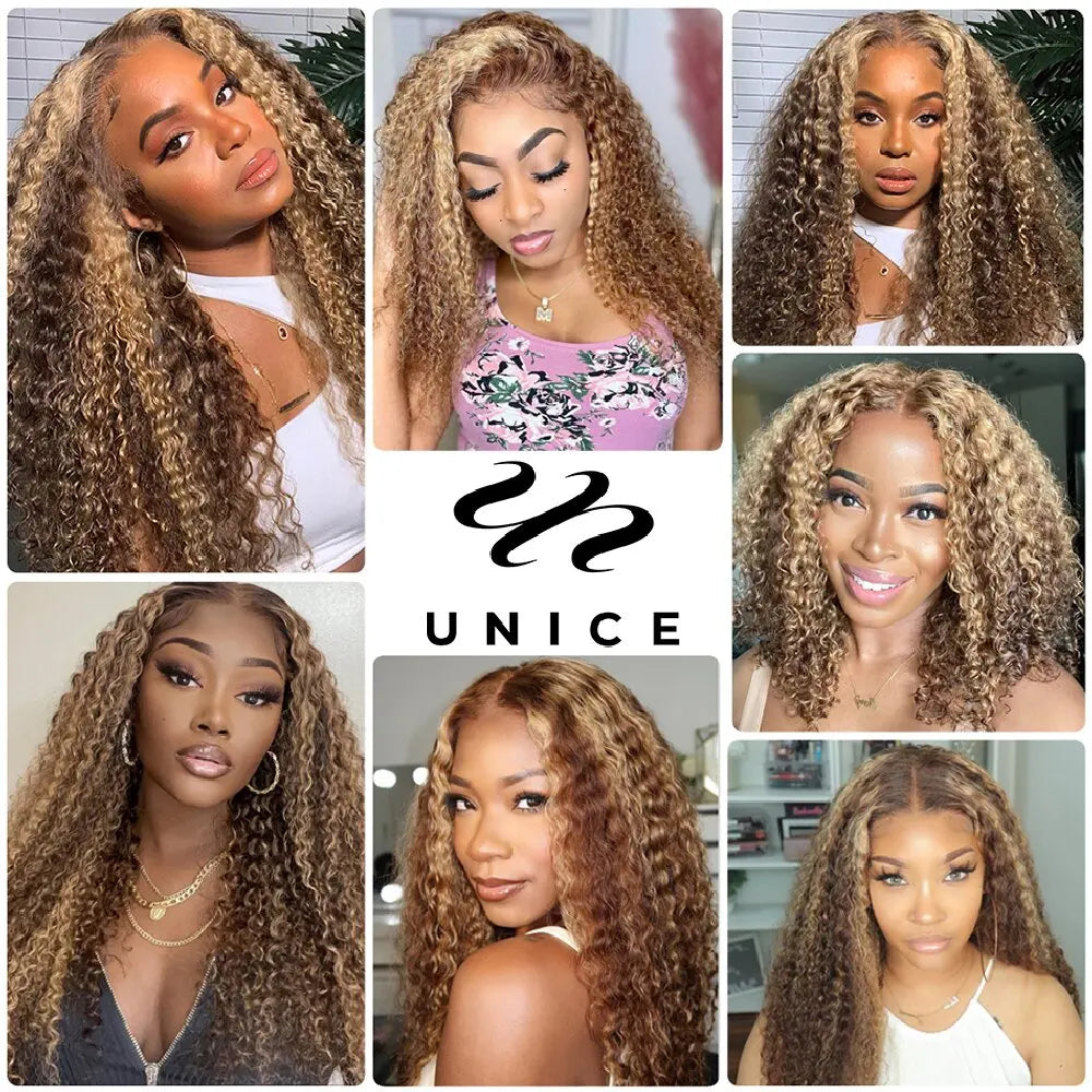 UNice Hair Pre Cut 6x4.75 Wear Go Glueless Wig Human Hair Brown Blonde Highlight Kinky Curly Lace Closure Wig 200% Density