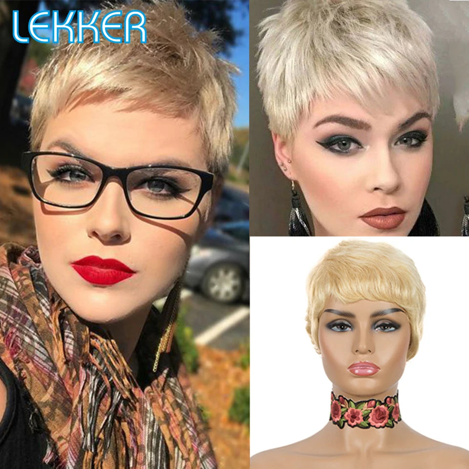 Lekker Silver Grey Short Pixie Cut 100% Human Hair Wigs For Women Brazilian Remy Hair Full Machine Made Straight Colored Wigs