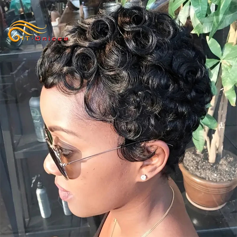 Short Curly Pixie Cut Wigs For Black Women Natural Black Human Hair Wig Brazilian Remy Human Hair Bob Full Machine Made Wig 150%