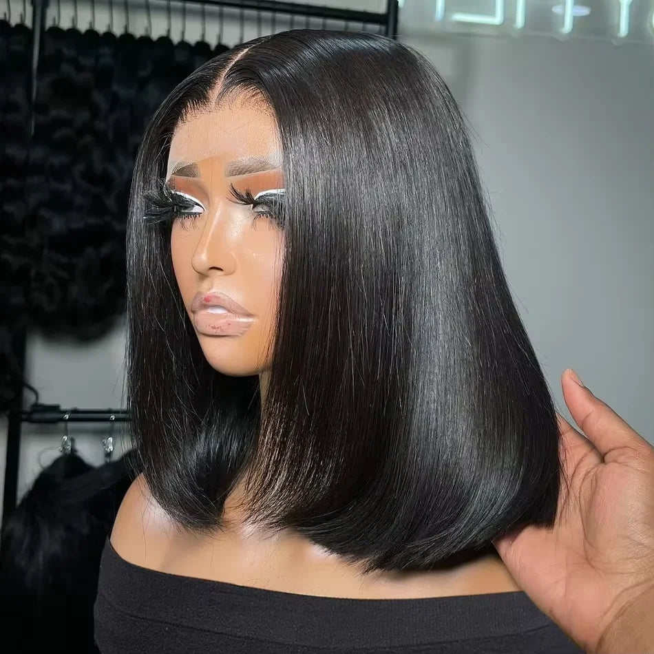 Brazilian 220% Short Bob Wig Bone Straight 13x4 Lace Front Human Hair Wig Preplucked Natural 4x4 Transparent Lace Closure Wigs