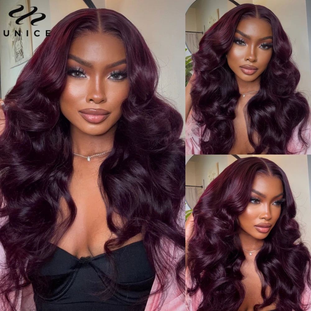 UNICE Hair Black Cherry Layered Cut Straight Wig 7x5 Pre Cut Pre Bleached Lace Front Human Hair Wig 180% Density