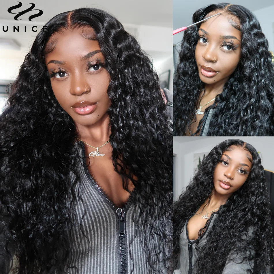 UNICE Upgrade Drawstring Water Wave 7x5 Glueless Wig Pre Cut Pre Bleached Lace Front Human Hair Wig Ready To Wear 180% Density