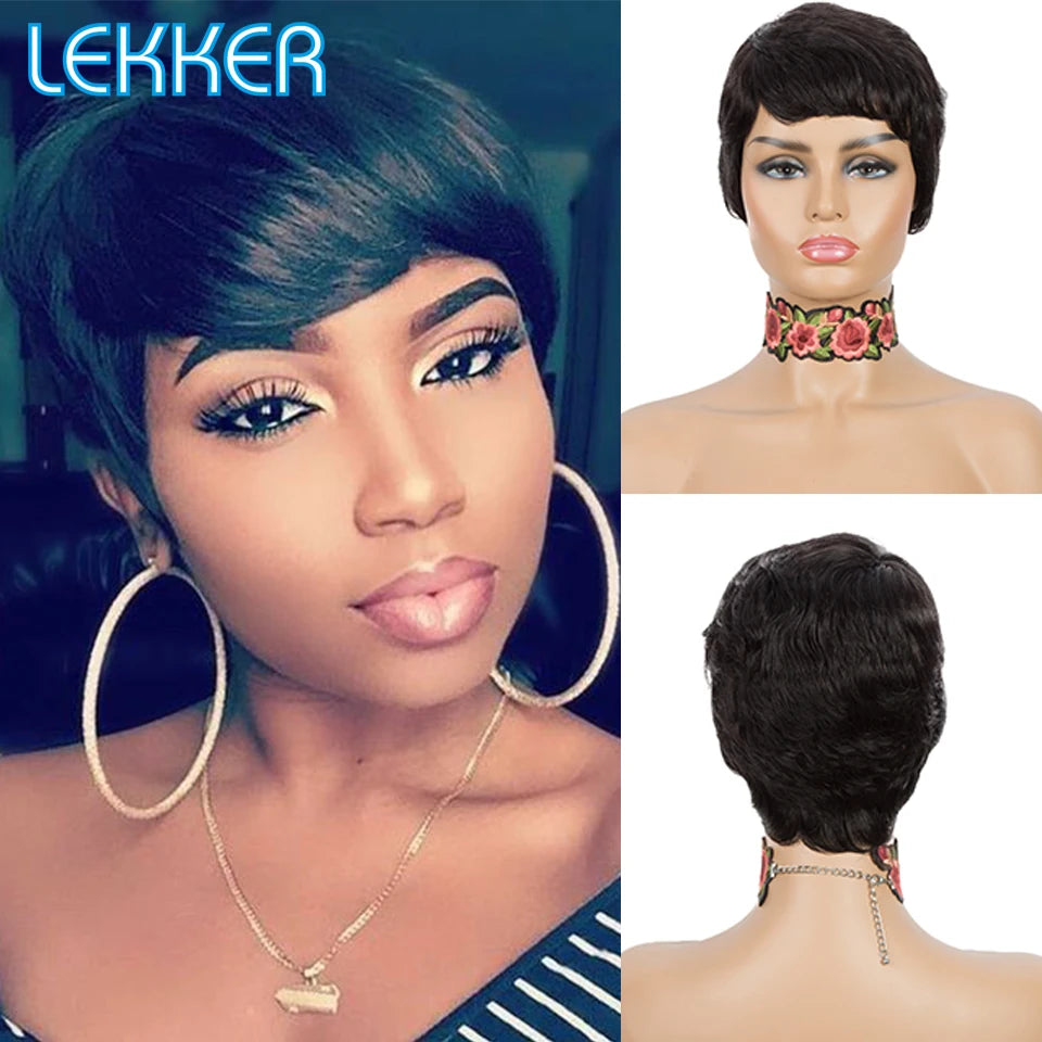 Lekker Silver Grey Short Pixie Cut 100% Human Hair Wigs For Women Brazilian Remy Hair Full Machine Made Straight Colored Wigs