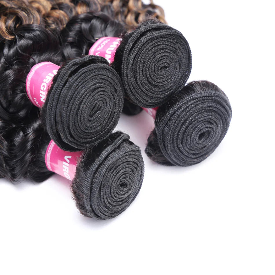 Unice Hair FB30 Brown Highlights 3/4 Pcs Jerry Curly Brazilian Human Hair Weave Bundles with Closure Remy Hair Extensions
