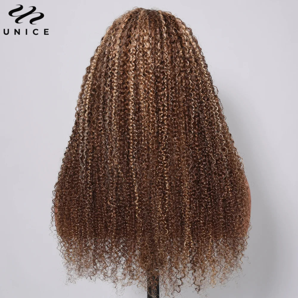 UNice Hair Pre Cut 6x4.75 Wear Go Glueless Wig Human Hair Brown Blonde Highlight Kinky Curly Lace Closure Wig 200% Density
