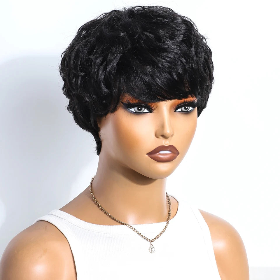 Lekker Short Pixie Cut 100% Human Hair Wigs For Women Brazilian Remy Hair Full Machine Made Wavy Bob Daily Colored Glueless Wigs
