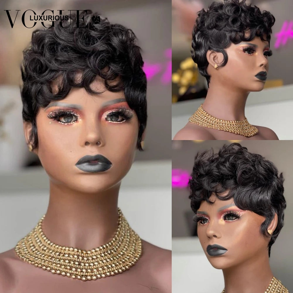Brazilian Remy On Sale Human Hair Wigs For Black Women Full Machine Made Short Bob Wig Pixie Cut Curly Water Wave Hair Pre Cut
