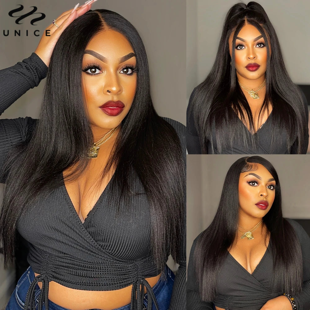UNICE Hair 5X5 HD Lace Closure Wig Silk Press Yaki Straight Lace Wig Pre Cut Pre Bleached Glueless Wig Human Hair Ready To Wear
