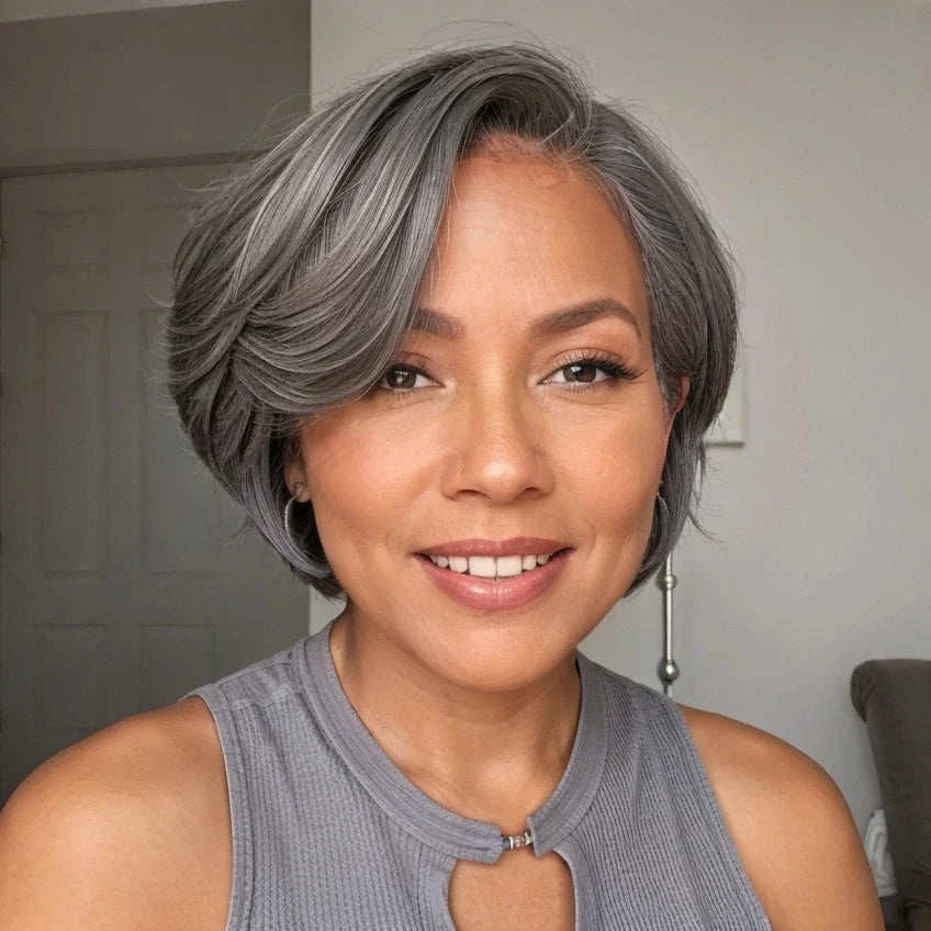 Tewjig Salt And Pepper Boss Look | Short Pixie Cut 5x5 Frontal Lace C Part Wig 100% Human Hair