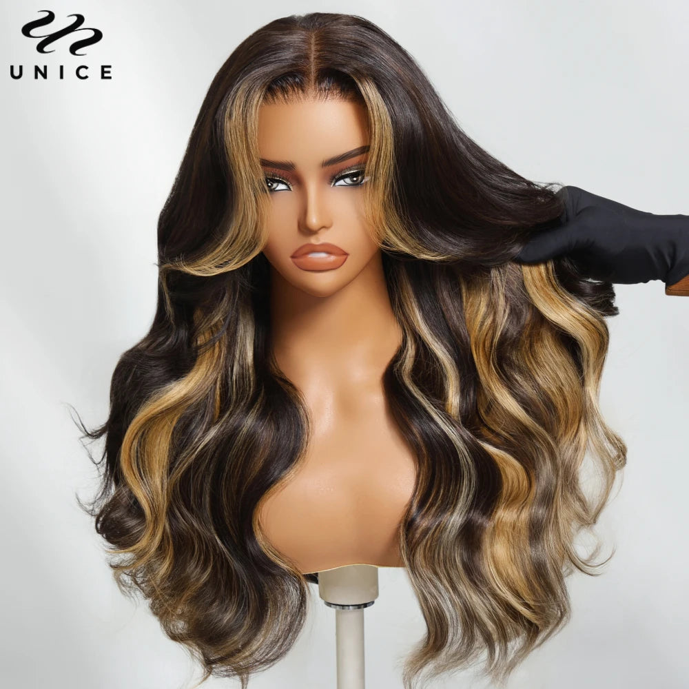 UNice Body Wave Highlight Wig Human Hair 13x4 Lace Frontal Wig Pre Cut Pre Bleached Knots 7x5 Lace Wig Wear Go Glueless Wig
