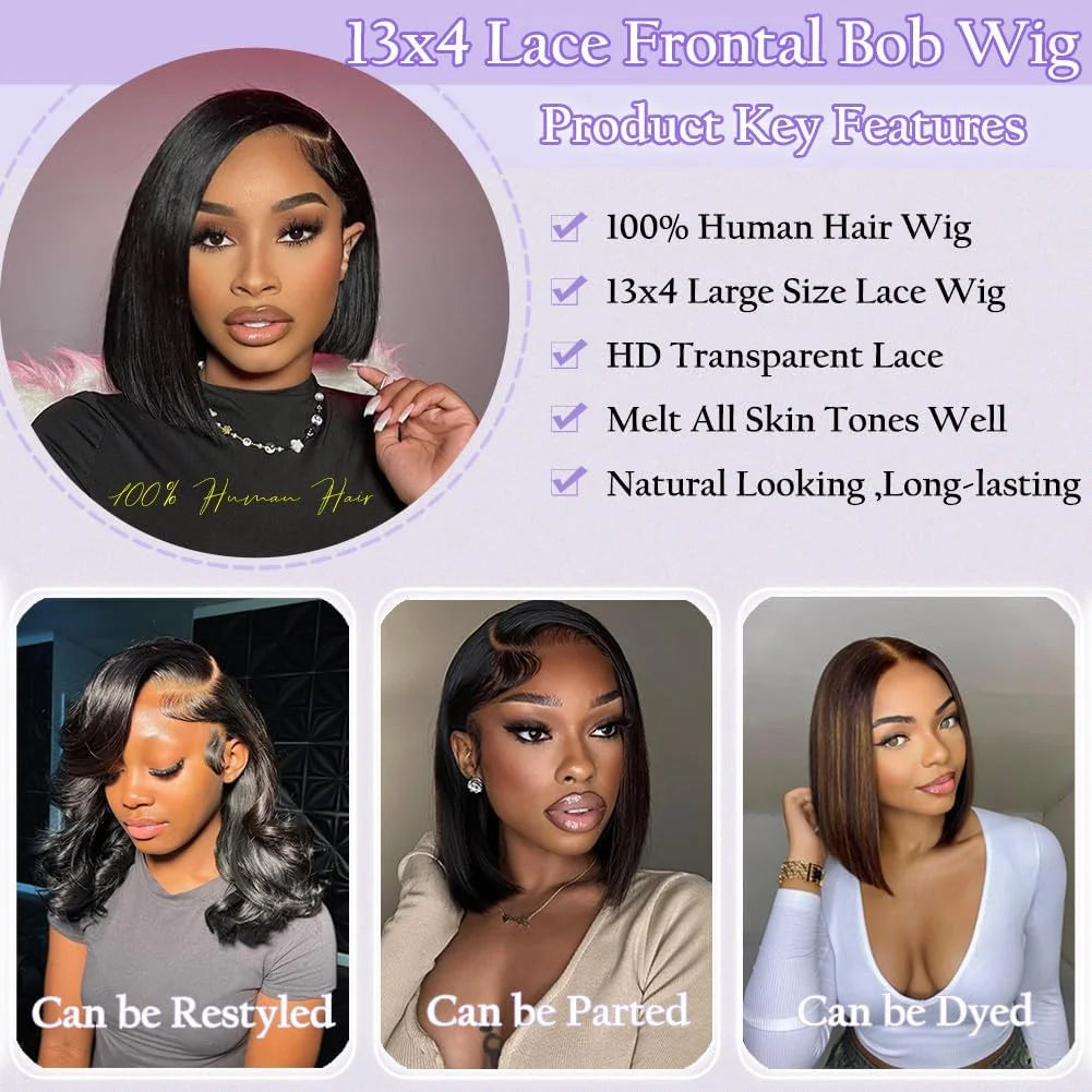 Brazilian 220% Short Bob Wig Bone Straight 13x4 Lace Front Human Hair Wig Preplucked Natural 4x4 Transparent Lace Closure Wigs