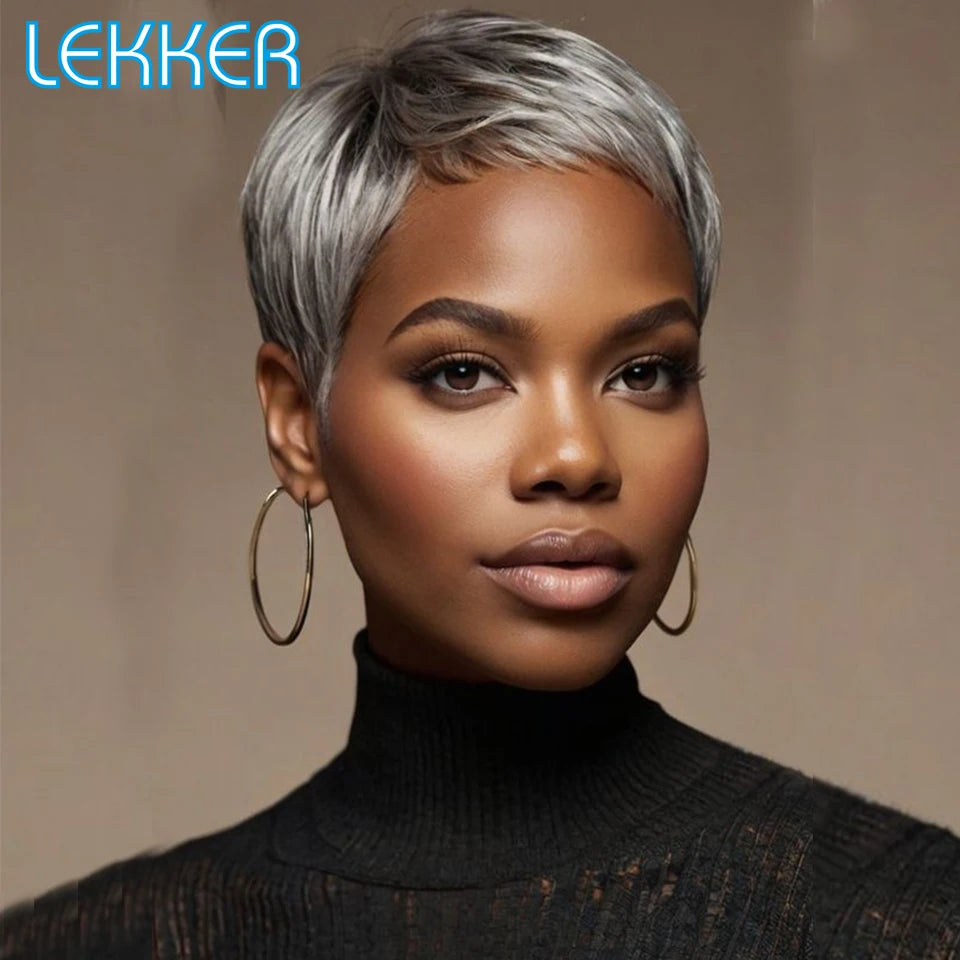 Lekker Silver Grey Short Pixie Cut 100% Human Hair Wigs For Women Brazilian Remy Hair Full Machine Made Straight Colored Wigs