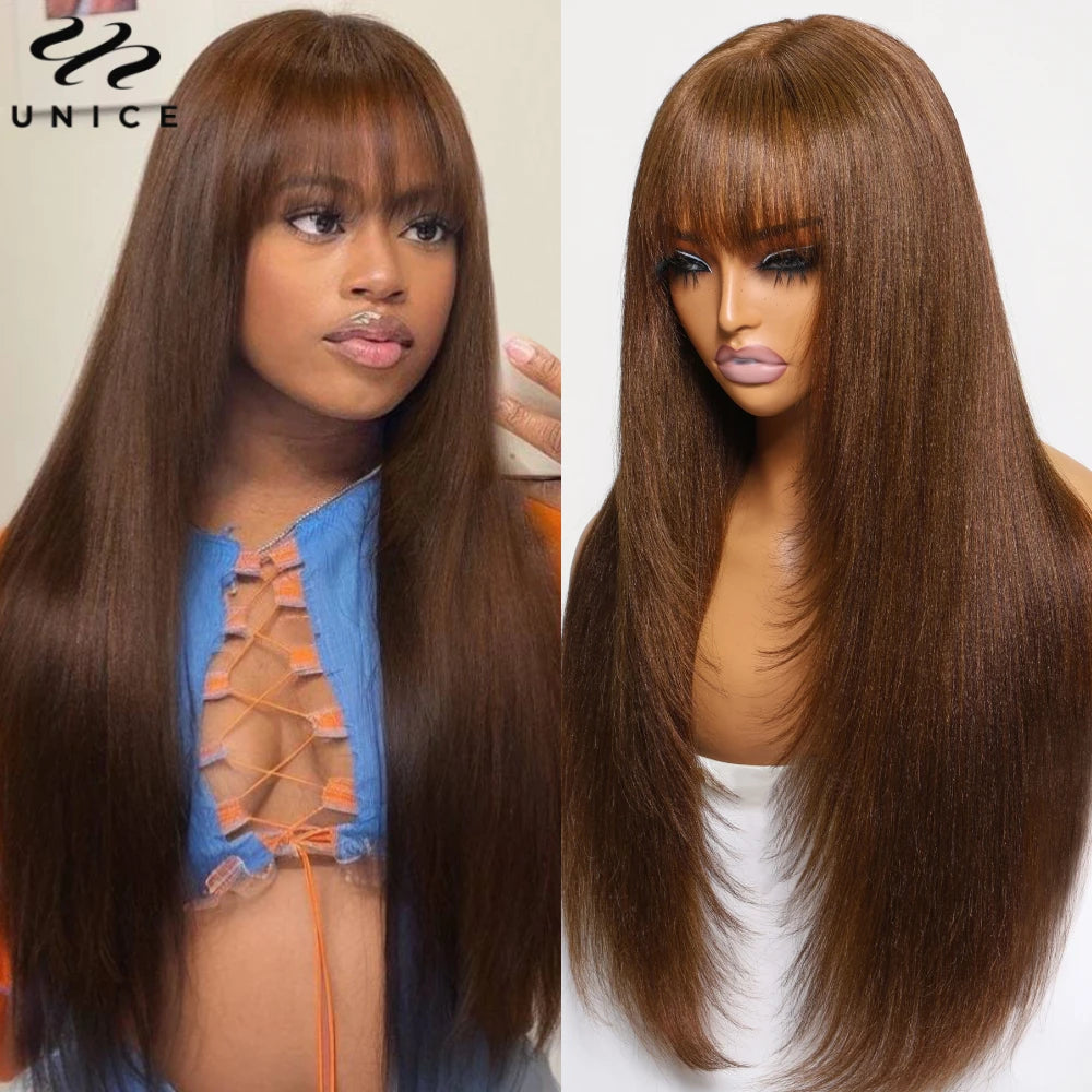 Hair Yaki Straight #4 Brown Human Hair Wig With Bangs Layered Cut Middle Part 4x2 Lace Front Human Hair Wig 150% Density