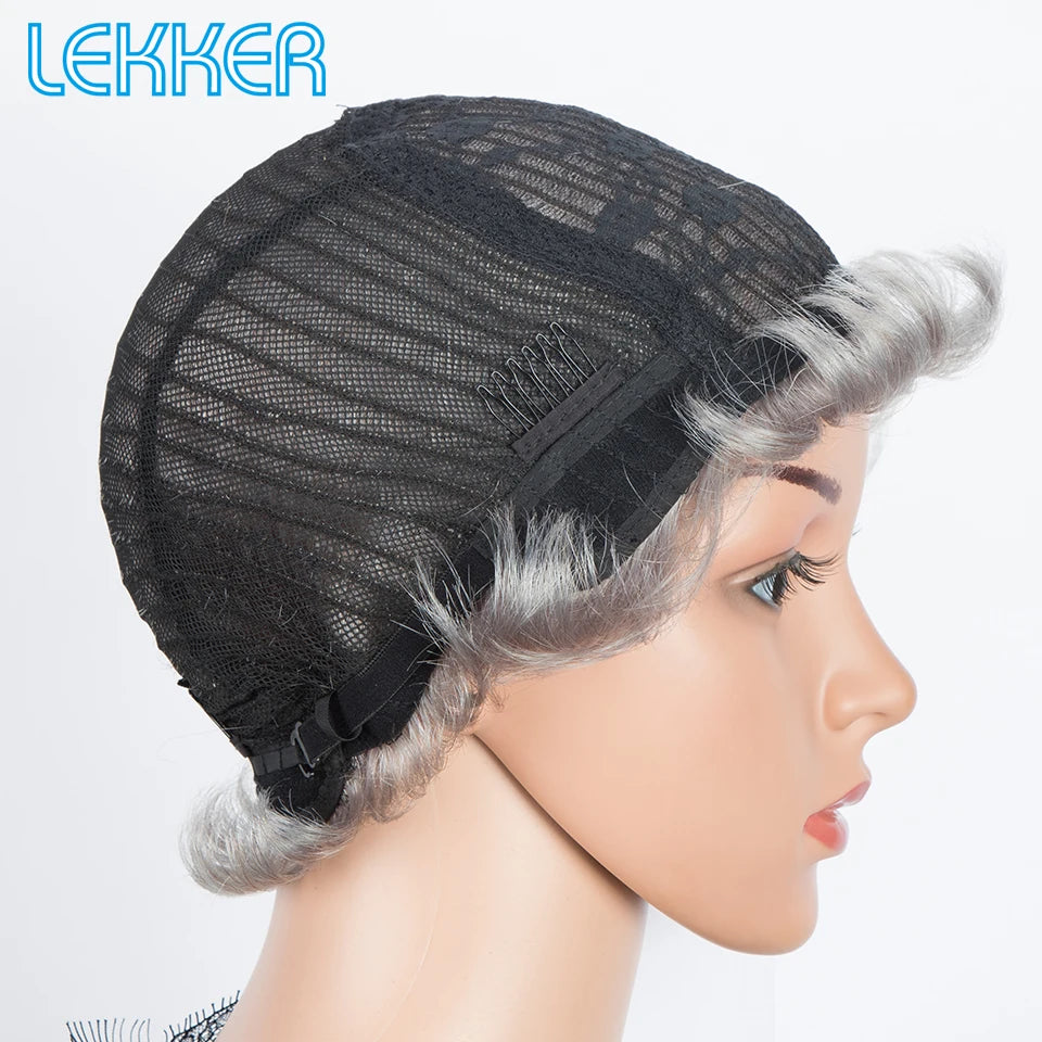 Lekker Silver Grey Short Pixie Cut 100% Human Hair Wigs For Women Brazilian Remy Hair Full Machine Made Straight Colored Wigs