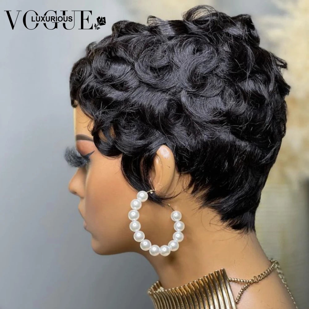 Brazilian Remy On Sale Human Hair Wigs For Black Women Full Machine Made Short Bob Wig Pixie Cut Curly Water Wave Hair Pre Cut