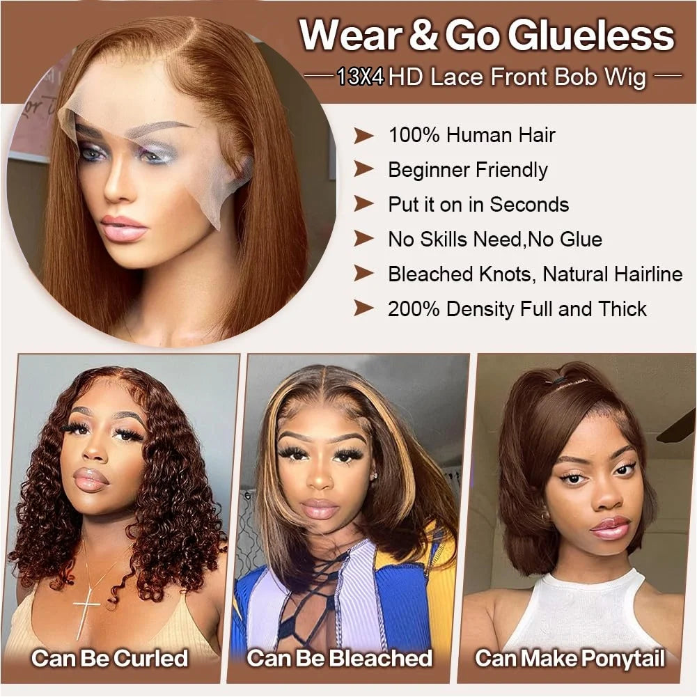 BSGN Chocolate Bob Wigs 220% 13X4 HD Transparent Lace Frontal Wigs Human Hair 100% Human Hair For Woman Pre Plucked Glueless Wig