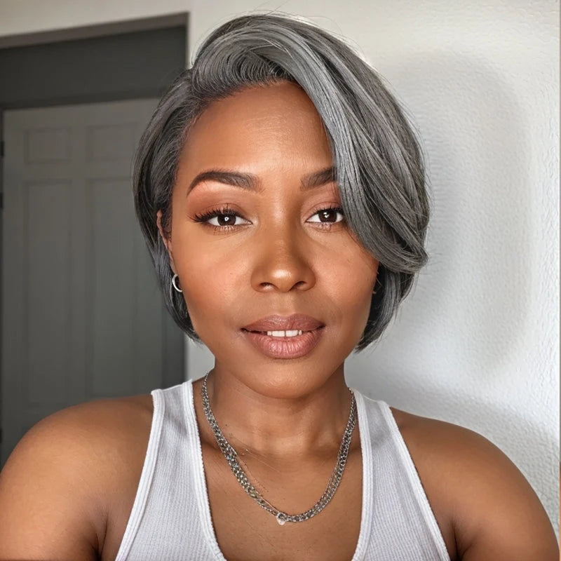 Tewjig Salt And Pepper Boss Look | Short Pixie Cut 5x5 Frontal Lace C Part Wig 100% Human Hair
