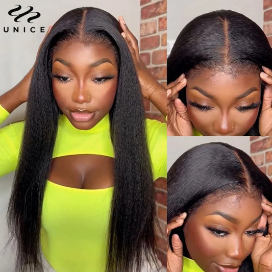 UNice Pre Everything 13x6 Lace Frontal Wig Coily Edges Yaki Straight Human Hair Lace Front Wig Pre Cut Pre Bleached Pre Plucked